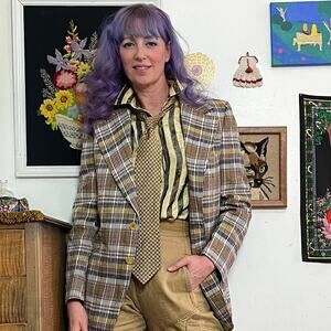 Vintage Gold Plaid Blazer, 1970s Wide Lapel Sportcoat Suit Jacket, Sz S-M